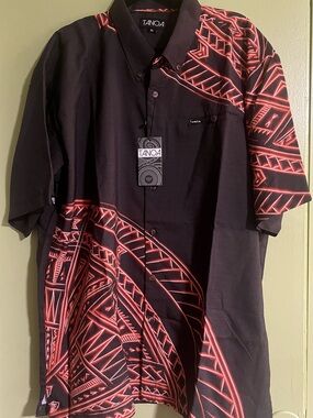 TANOA Black Short-Sleeve Button-Down Shirt with Red Tribal Print